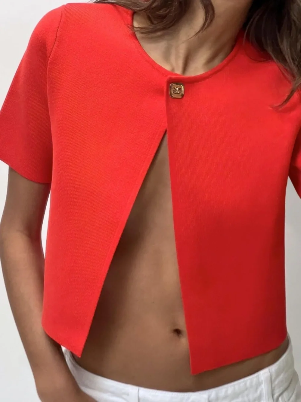 ZARA Red Short Sleeve One Button Cropped Cardigan